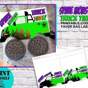 May include: Printable favor bag labels featuring a green monster truck with flames and the text "Spare Monster Truck Tires!"  The labels are designed to be placed on Oreo cookies.