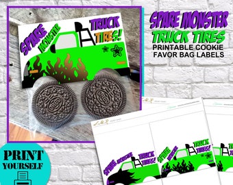 Monster Truck Birthday Cookie Favor Bags, Printable Party Bag Decor, Spare monster truck tires, Birthday Party