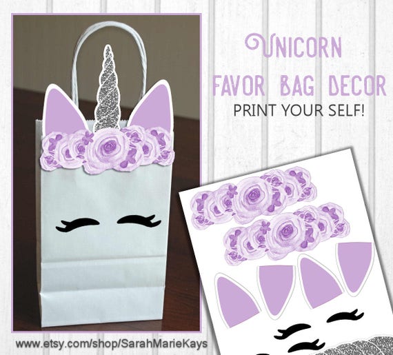 printable unicorn gift bag decorations purple and silver etsy