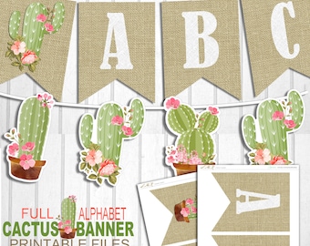 Cactus Volledige Alfabet Banner, Afdrukbare Cactus Banner, Boho Banner, Lama Cactus Banner, Jute Boho Cactus Banner