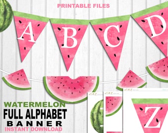 Watermelon Flag Full Alphabet Banner, One In A Melon Banner Full Alphabet Banner, Watermelon Party Decor, Printable Files, Instant Download