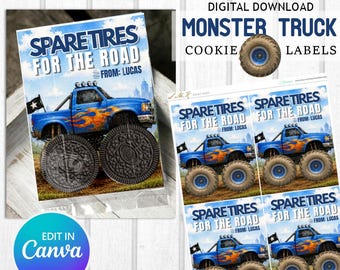 Bolsas de regalo para galletas de cumpleaños con temática de Monster Truck, decoración imprimible para bolsas de fiesta, neumáticos de repuesto para Monster Truck, bolsas de fiesta para niños