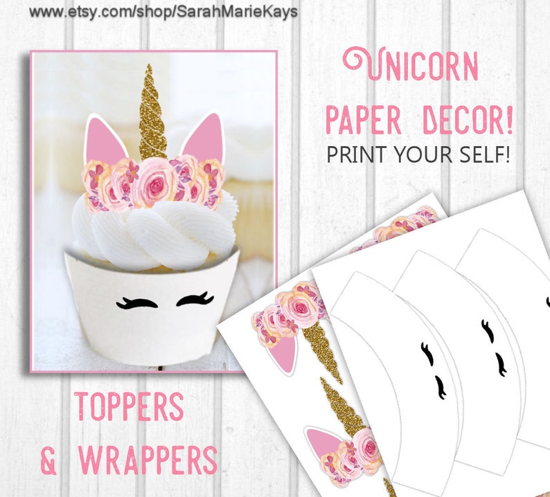 Printable Unicorn Cupcake Toppers and Wrappers Unicorn Print Etsy