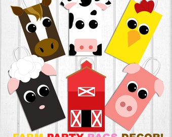 Farm Animal Gift Bag Decorations, Farm Animal Print Outs, Barn Favor Bags, DIY Printouts, Farmer in the Dell, Printable