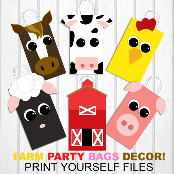 Farm Animal Gift Bag Decorations, Farm Animal Print Outs, Barn Favor Bags, DIY Printouts, Farmer in the Dell, Printable