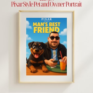 Custom Pixar Style Pet and Owner Portrait - Personalized Movie Poster - Digital Cartoon Art Download for Couples Kids and Families