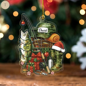 Ornement plat personnalisé en acrylique 2D de pêcheur, décoration de Noël de pêche à l&#39;achigan, souvenir d&#39;outils de pêche personnalisés, cadeaux pour les amateurs de pêche