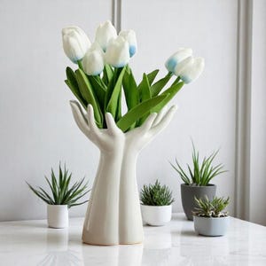 Hands Holding Flowers Ceramic Vase – Unique Hand Shaped Home Decor – Minimalist Gift for Her – Artistic Ceramic Flower Pot