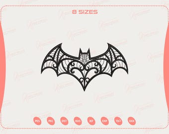 May include: Black and white decorative bat design with intricate details. The image includes the text "8 SIZES" at the top. The design is suitable for embroidery or digital art projects. The design is displayed on a light beige background.