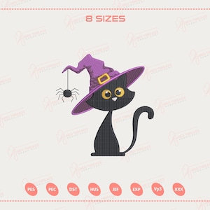 Witch Cat Embroidery Design, Halloween Black Cat Embroidery Design, Spider Hat, Trendy Halloween Embroidery File, Instant Download