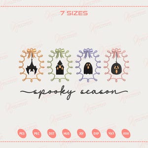 May include: A light pink graphic featuring four framed Halloween images: a bat, a haunted house, a ghost, and a jack-o'-lantern. The words "spooky season" are written in cursive below the images. The text "7 SIZES" is at the top.