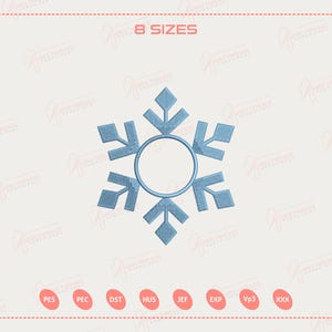May include: A light blue snowflake design with a circular center. The image includes the text "8 SIZES" at the top. The design is set against a light background with a pink border and various file type abbreviations at the bottom.