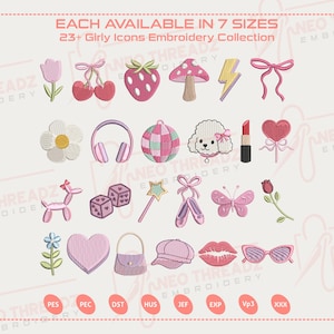 May include: A collection of 23+ girly icons embroidery designs in various shades of pink, including a tulip, cherries, a strawberry, a mushroom, a lightning bolt, a bow, a daisy, headphones, a ball, a poodle, lipstick, a heart, a balloon dog, dice, a wand, ballet shoes, a butterfly, a rose, a flower, a heart, a purse, a cap, lips, and sunglasses.