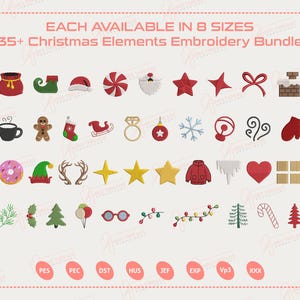 Puede incluir: Imagen que muestra 35+ diseños de bordado navideños, incluyendo un gorro de Papá Noel, hombre de jengibre y estrellas. El texto "EACH AVAILABLE IN 8 SIZES" se muestra. Ideal para proyectos de bordado.