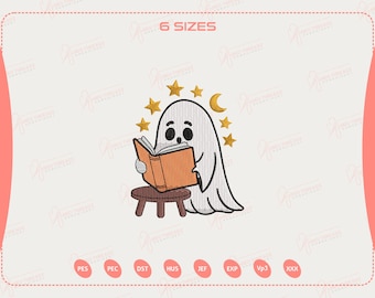 Diseño de bordado de libro de lectura fantasma, archivo de máquina para amantes de los libros, bordado de libros de Halloween, patrón de bordado de otoño espeluznante