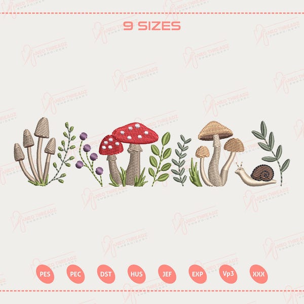 Whimsical Forest Mushroom Border Embroidery Design, Woodland Mushroom And Leaf Embroidery, Forest Fungi Machine File, Instant Download