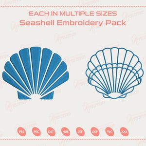 May include: An image featuring two seashell embroidery designs in blue. The left design is filled, while the right is an outline. Text at the top reads "EACH IN MULTIPLE SIZES Seashell Embroidery Pack". Below are embroidery file format abbreviations.