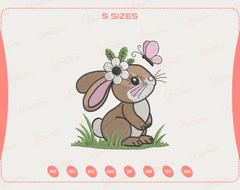 May include: An embroidered design of a brown bunny with a flower crown and a pink butterfly. The bunny is sitting in green grass. The text "5 SIZES" is at the top. Embroidery file formats are listed at the bottom.