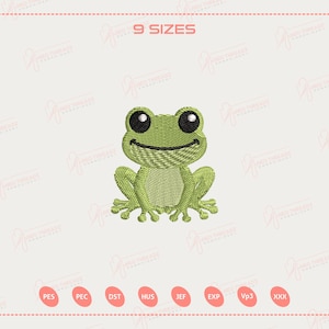 May include: An embroidered design of a smiling green frog with large black eyes. The frog is sitting with its legs spread. The text "9 SIZES" is at the top. Below are file type abbreviations: PES, PEC, DST, HUS, JEF, EXP, VP3, and XXX.