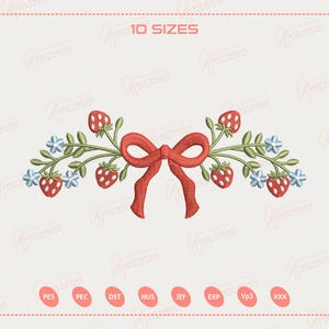 以下が含まれることがあります： 赤いリボンとリボンが特徴の刺繍デザイン。緑の茎、青い花、赤いイチゴに囲まれています。 デザインは対称的で、刺繍プロジェクトに適しています。 上部には「10 SIZES」という文字があります。