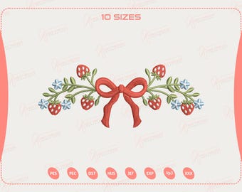 Grand millennial Strawberry Bow Embroidery Design, Cottage core, Floral Strawberry Bow, Coquette Embroidery, 10 Sizes, Instant Download