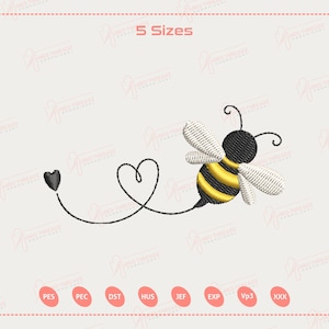 May include: An embroidered design of a bee with black and yellow stripes, white wings, and a heart-shaped tail. The design includes the text "5 Sizes" at the top and various file format abbreviations at the bottom.