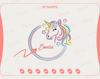 Rainbow Unicorn Embroidery Design, Cute Girl Unicorn with Stars, Custom Monogram, Personalized Unicorn Embroidery File, 9 Sizes