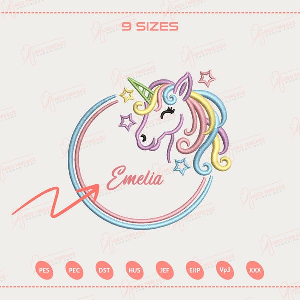 Diseño de bordado de unicornio arcoíris, adorable unicornio con estrellas, monograma personalizado, archivo de bordado de unicornio personalizado, 9 tamaños