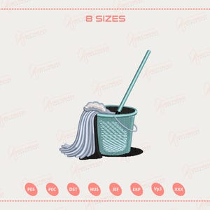 May include: An illustration of a cleaning mop and bucket. The bucket is light blue with a woven texture, and the mop head is hanging out. The mop handle is also light blue. The image has the text "8 SIZES" at the top.
