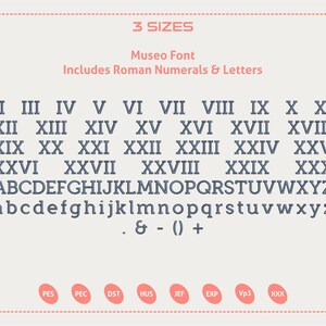 May include: A digital graphic displaying the Museo font, including Roman numerals, uppercase and lowercase letters, and symbols. The text is in a dark grey colour, set against a light beige background with a coral border. The image displays 3 sizes.