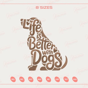 Puede incluir: Silueta marrón de un perro con la frase "Life is Better with Dogs" en una fuente decorativa. La imagen incluye el texto "8 SIZES" en la parte superior y varias abreviaturas de formatos de archivo en la parte inferior.