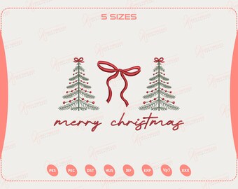 Può includere: Un design festivo con due alberi di Natale stilizzati con ornamenti rossi e un fiocco rosso. Le parole "merry christmas" sono scritte in un carattere corsivo. L'immagine è su uno sfondo chiaro con un bordo rosa.