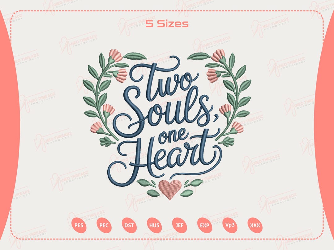 Two Souls One Heart Embroidery Design, Floral Wedding Heart Embroidery ...