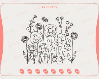 May include: Black and white line art of various flowers, including poppies and daisies, with the text "6 SIZES" at the top. The design is suitable for embroidery or digital art projects. The image has a light background with a pink border.