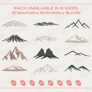 Op de afbeelding: Een afbeelding met 12 berg borduurontwerpen in diverse stijlen. De tekst luidt "EACH AVAILABLE IN 8 SIZES" en "12 Mountains Embroidery Bundle". De ontwerpen tonen verschillende bergvormen en -kleuren, ideaal voor borduurprojecten.