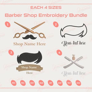 Pacote de bordado para barbearia, salão de cabeleireiro, bordado para barbeiro e avental para penteado, tesoura, bigode, bordado à máquina de barbeiro