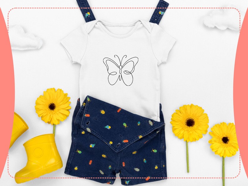 May include: A white baby onesie with a black butterfly outline design, paired with denim shorts featuring colorful illustrations. The ensemble is set against a white backdrop with yellow flowers and a pair of yellow rain boots.