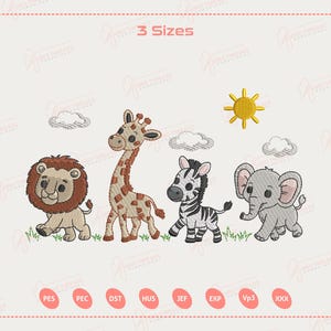 Safari Tiere Stickdatei, Baby Giraffe, Löwe, Zebra, Elefant, süße Waldtiere, Dschungel Thema, Zoo Muster