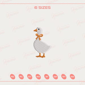 May include: An embroidered design of a white goose with a woven texture, wearing an orange bow. The goose has orange feet and a yellow beak. The text "6 SIZES" is at the top. Embroidery design files are listed at the bottom.