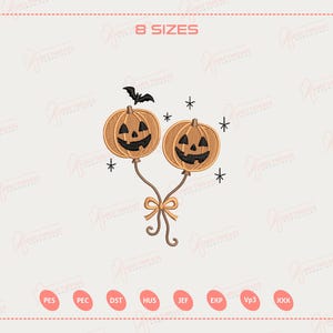 May include: An embroidered design featuring two smiling jack-o'-lantern balloons connected by a ribbon. A black bat flies above the pumpkins. The text "8 SIZES" is at the top. The design is in shades of orange and black.