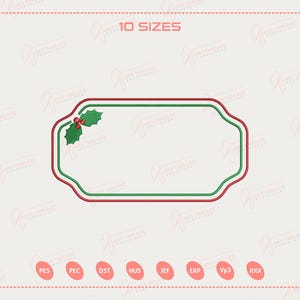 May include: A festive rectangular design with a red and green border, adorned with holly leaves and berries. The text "10 SIZES" is at the top. The design is set against a light background with a pink border and various file type icons at the bottom.