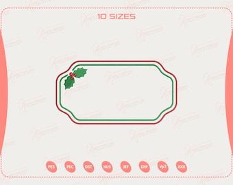 Diseño de bordado de marco de texto navideño, diseño de bordado de marco de bayas de acebo, descarga instantánea, diseño de bordado navideño