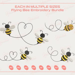 Pode incluir: Um pacote de design de bordado digital com vários desenhos de abelhas voadoras. Cada abelha é amarela e preta com asas brancas, e estão conectadas por linhas curvas. O texto "EACH IN MULTIPLE SIZES" e "Flying Bee Embroidery Bundle" está no topo.