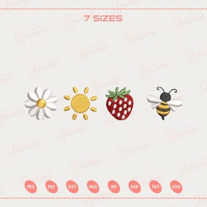 May include: Embroidered designs of a daisy, sun, strawberry, and bee. The daisy has white petals and a yellow centre. The sun is yellow with rays. The strawberry is red with white seeds. The bee is yellow and black with white wings. The text "7 SIZES" is at the top.