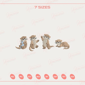 May include: An embroidery design featuring four brown otters in various poses, including one holding a blue object, one waving, and one lying down. The text 7 SIZES appears at the top, with file formats PES, PEC, DST, HUS, JEF, EXP, Vp3, and XXX listed below.