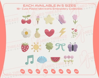 Cute Pastel Mini Embroidery Icons Bundle, Quirky Chic Girly Icons, Florals, Cute Feminine Aesthetic Shapes for Apparel