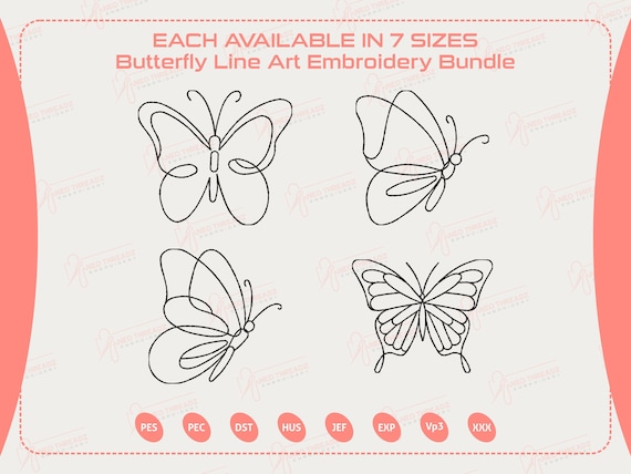 Butterfly Line Art Embroidery Bundle, One Line Butterfly Design Pack, Minimalist Insect Machine Embroidery File, Instant Download