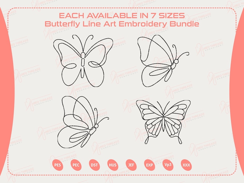 May include: A digital embroidery bundle featuring four different butterfly designs in a line art style. The designs are in black and are displayed on a light beige background. Text at the top reads "EACH AVAILABLE IN 7 SIZES Butterfly Line Art Embroidery Bundle."