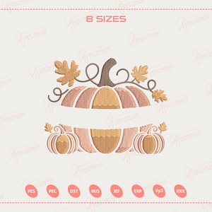 May include: An embroidered design featuring two pumpkins, one above the other, with a fall theme. The top pumpkin has a brown stem and is decorated with leaves. The bottom pumpkin has two smaller pumpkins on each side. The words "8 SIZES" are at the top.