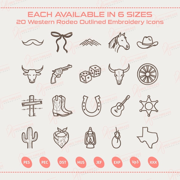 Western Rodeo Icons Embroidery Bundle, 20 Cowboy Icons Embroidery, Cowgirl Boots, Minimal Wild West Set, Ranch Style Mini Files, 6 Sizes